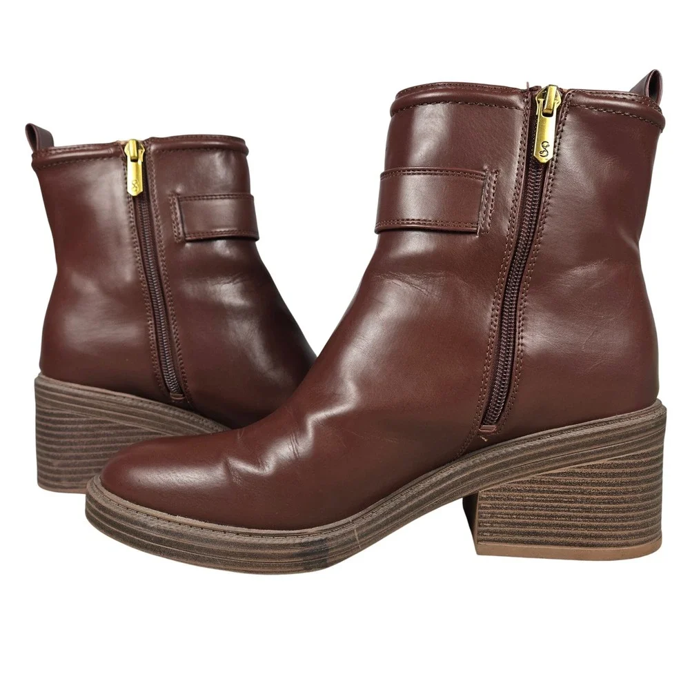 Sam & Libby Natalia Brown Faux Leather Buckle Stacked Heel Ankle Boots 9.5M